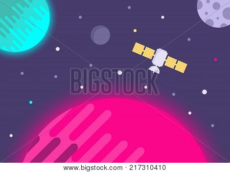 Satellite with planets and stars. Vector illustration in flat style