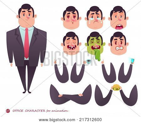 Business characters. Elements for web design.Emotion faces.Emoji face icons.Boy character for scenes.Parts of body template for animation.Funny office man cartoon.Vector illustration isolated on white