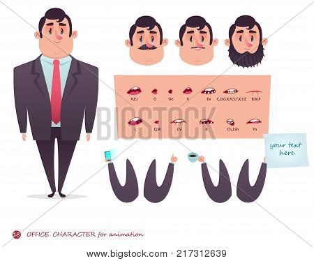Man character for scenes.Parts of body template for design work and animation. Funny office boy cartoon.Vector illustration isolated on white background. Set for character speaks animations.men s suit