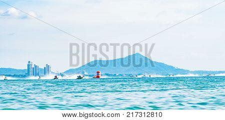 Chonburi, Thailand-november 26, 2017 : F3 Boat With Beautiful Sky And Sea In Bangsaen Power Boat 201