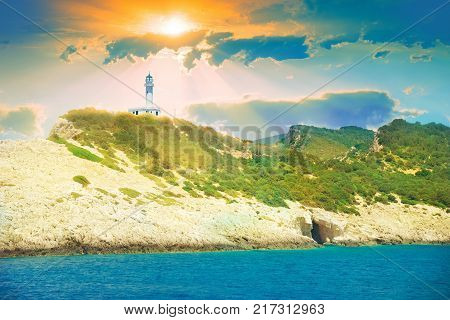 Beautiful landscape with Temple of Appolo in sunset light in Lefkada island Greece