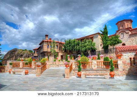 Meteora, Greece - May 20, 2017: Beautiful Architecture Of The Public Garden Inside Meteor Monastery