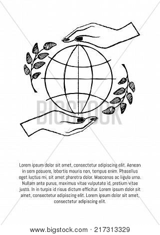 International peace day poster with two hands protecting globe vector illustration isolated on white with olive branches poster with text