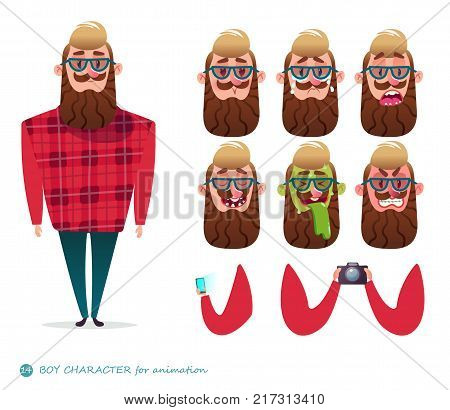 Boy character for your scenes.Parts of body template for design work and animation. Funny cartoon.Vector illustration isolated on white background.Man emotion faces.Boy emoji face icons.Photographer