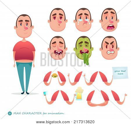 Man character for your scenes.Parts of body template for design work, animation. Funny cartoon.Vector illustration isolated on white background.Emotion faces.Boy emoji face icons and symbols.Hipster
