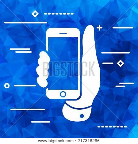 thin line design graphic image concept of black mobile phone in hand icon on a blue Triangular Polygonal background