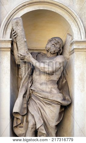ROME, ITALY - SEPTEMBER 03: Saint Andrew by Luca Breton on the facade of Santi Claudio e Andrea dei Borgognoni church in Rome, Italy on September 03, 2016.