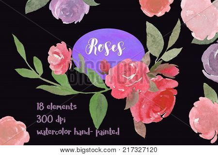 Set of Roses Watercolor. The set consists of three design works. Eighteen elements for your unigue projects