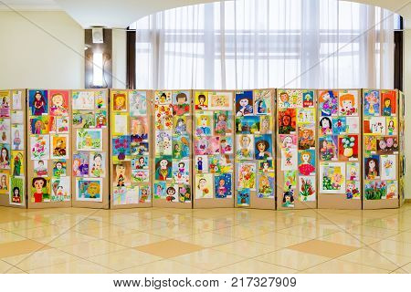 The city of Saratov, Russia, December 8, 2017: Competition of children's drawings. Exhibition of children's art