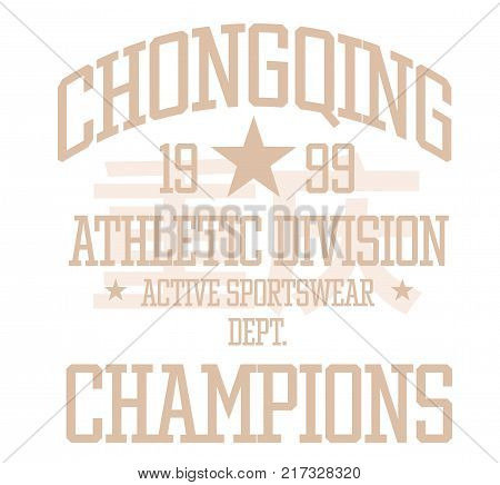 Chongqing sport t-shirt design, college sport team style typography for poster, t-shirt or print. Chongqing written in chinese language in the background.