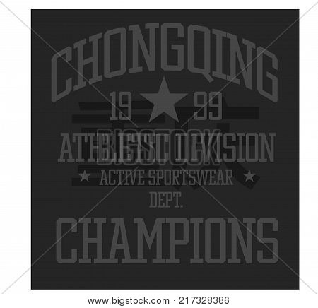 Chongqing sport t-shirt design, college sport team style typography for poster, t-shirt or print. Chongqing written in chinese language in the background.