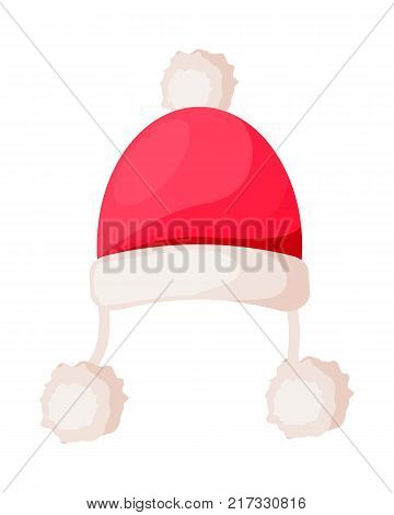 Santa Claus hat with strings ending in pompoms isolated on white. Winter fur woolen cap. Father Christmas hat with rim and ball on top. Flat icon winter snowboard accessory in cartoon style vector
