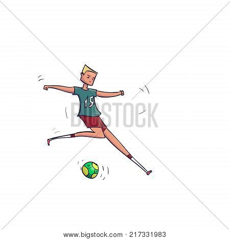 Hand Drawn Cartoon Running Soccer Player with Ball. Vector illustration