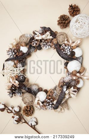 A Natural Twig Wreath Decorated with Pine