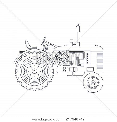 Vintage agricultural tractor isolated on white vackground. Vector illustration