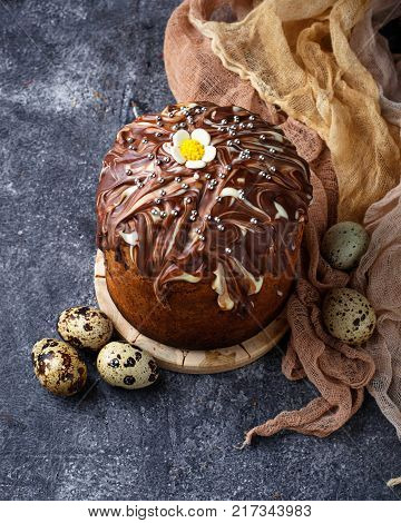 Traditional Easter cake with chocolate topping. Selective focus