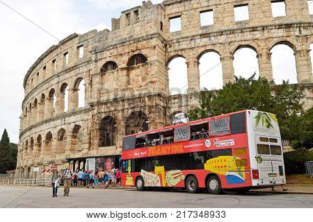 PULA CROATIA - SEPTEMBER 1 2017: The Pula arena in Croatia. The Pula arena is a Roman amphitheatre and the best preserved ancient monument in Croatia.