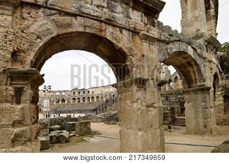 PULA CROATIA - SEPTEMBER 1 2017: The Pula arena in Croatia. The Pula arena is a Roman amphitheatre and the best preserved ancient monument in Croatia.