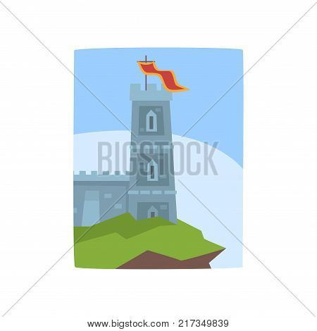 Fantasy castle on edge of cliff. Medieval castle icon. Historical architecture. Colorful landscape with fairytale kingdom. Flat vector illustration. Design for invitation card, book cover or placard.
