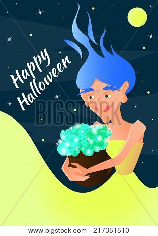 Vector Illustration for Halloween. Witch against the background of the night sky, holding a pot of potions in her hands.