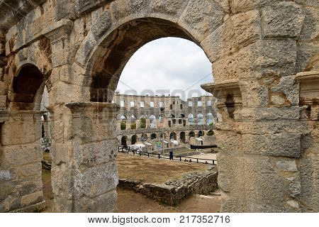 PULA CROATIA - SEPTEMBER 1 2017: The Pula arena in Croatia. The Pula arena is a Roman amphitheatre and the best preserved ancient monument in Croatia.