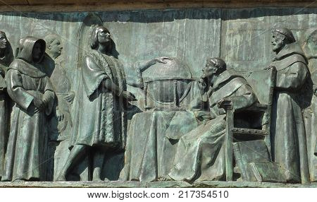 Detail of the Columbus Monument,  a 60 m tall monument to Christopher Columbus at the lower end of La Rambla, Barcelona, Catalonia, Spain