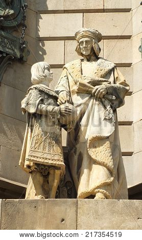 Detail of the Columbus Monument,  a 60 m tall monument to Christopher Columbus at the lower end of La Rambla, Barcelona, Catalonia, Spain