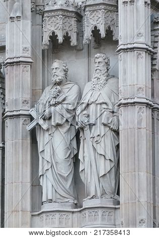 detail of the front facade of the  Cathedral of the Holy Cross and Saint Eulalia,  Barcelona.