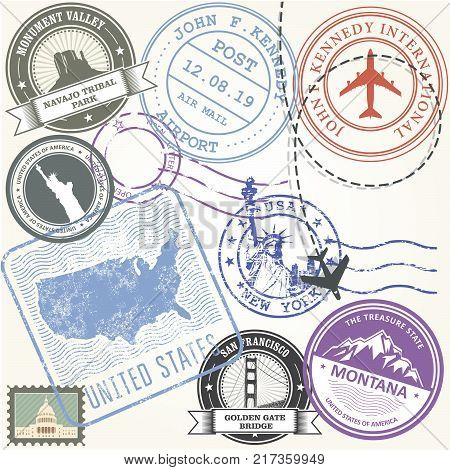 United states travel stamps set - USA journey symbols