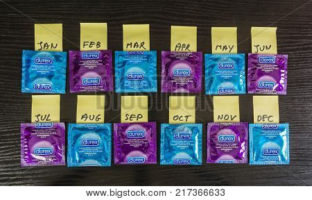 Niedomice Poland - December 01 2017: Durex branded condom is given every month of the year.