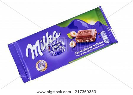 LONDON UK - OCTOBER 10TH 2017: A studio shot of a Milka chocolate bar over a plain white background on 10th October 2017.