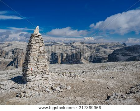 View of Sella Group in cloudy day, Dolomites, Italy