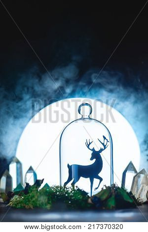 Magical forest with crystals and deer silhouette in a light of full Moon. Still life with glass dome and moss. Fairy tale concept with dark background and copy space.