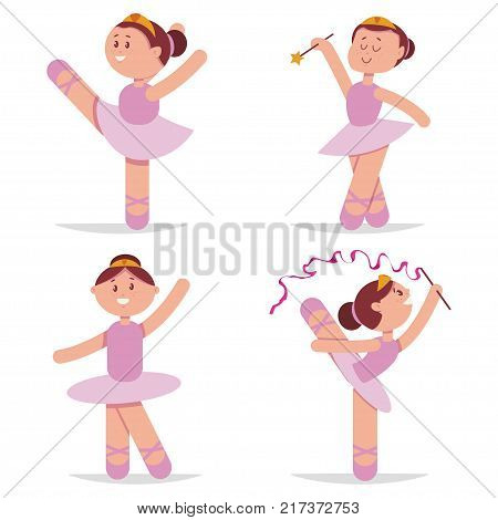 Cute ballerina dancing cartoon vector set. Little princess character isolated on white background.