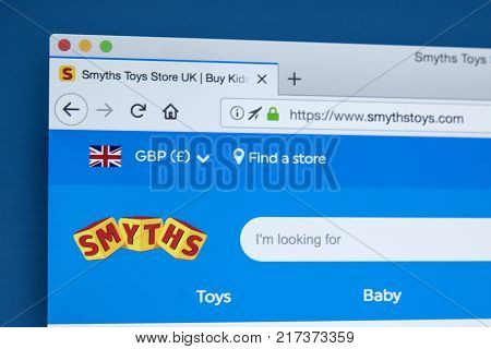 LONDON UK - NOVEMBER 28TH 2017: The homepage of the official website for Smyths - the Irish toys retailer on 28th November 2017.