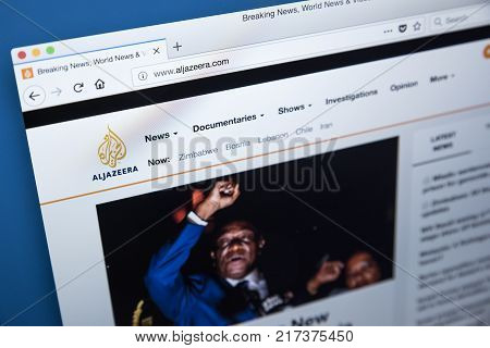 LONDON UK - NOVEMBER 22ND 2017: The homepage of the official website for the Al Jazeera Media Network - the Middle Eastern multinational multimedia conglomerate on 22nd November 22nd 2017.