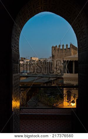 Architectural detail at blue hour, medina of Fez, Morrocco, Africa