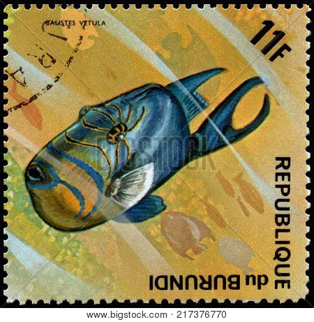 REPUBLIC OF BURUNDI - CIRCA 1974: a postage stamp, printed in Burundi, shows a fish Queen Triggerfish (Balistes vetula)