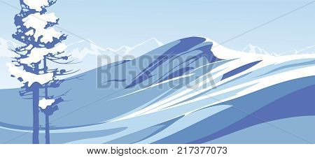 Blue mountains with snow against the blue sky with clouds