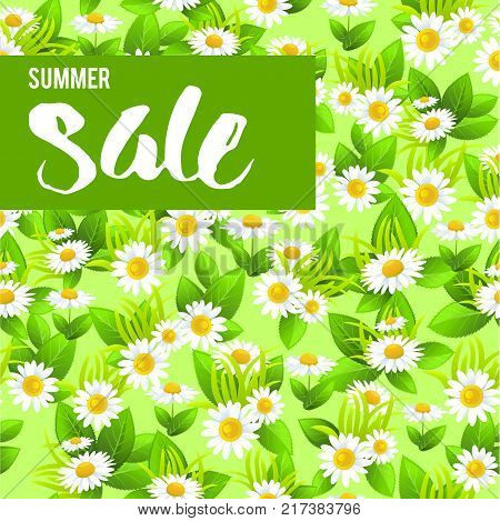 Summer or spring template for design banner, ticket, leaflet, card, poster and so on. Abstract foral seamless pattern. Sale floral lettering.