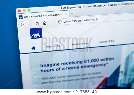 LONDON UK - NOVEMBER 20TH 2017: The homepage of the official website for AXA - the French multinational insurance company on 20th November 2017.