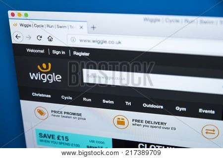 LONDON UK - NOVEMBER 20TH 2017: The homepage of the official website for Wiggle - the online retailer of cycle run swim and outdoor equipment on 20th November 2017.