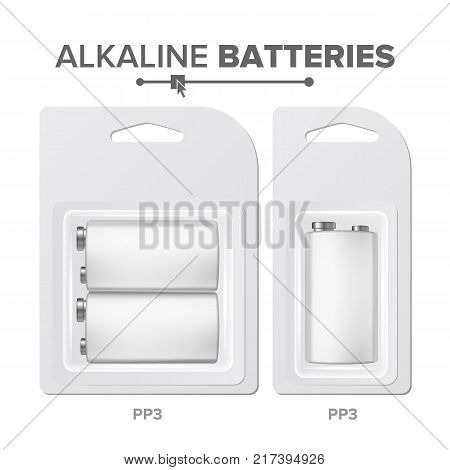PPS Batteries Packed Vector. Alkaline Battery In Blister. Realistic Glossy Battery Accumulator. Mock Up Good For Branding Design. Closeup Isolated