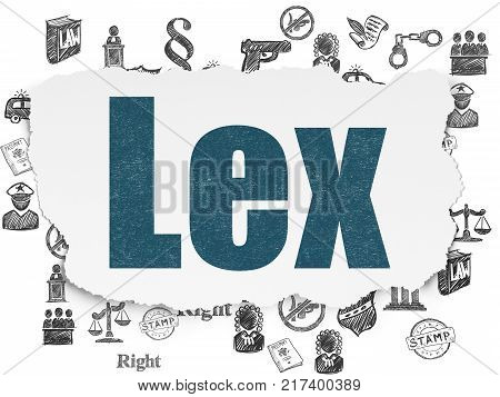 Law concept: Painted blue text Lex on Torn Paper background with  Hand Drawn Law Icons