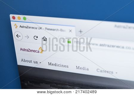 LONDON UK - NOVEMBER 25TH 2017: The homepage of the official website for AstraZeneca - the Anglo-Swedish multinational pharmaceutical and biopharmaceutical company on 25th November 2017.