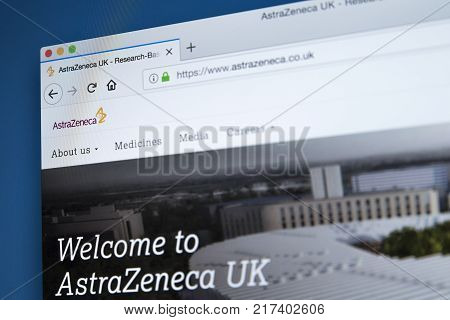 LONDON UK - NOVEMBER 25TH 2017: The homepage of the official website for AstraZeneca - the Anglo-Swedish multinational pharmaceutical and biopharmaceutical company on 25th November 2017.