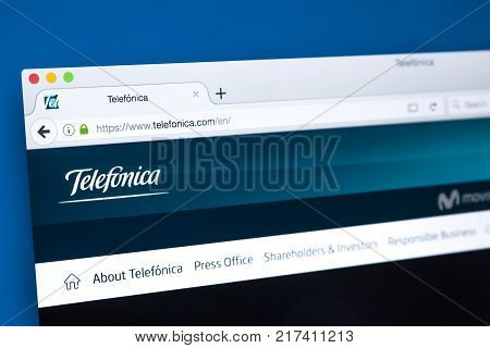 LONDON UK - OCTOBER 17TH 2017: The homepage of the official website for Telefonica - the Spanish multinational broadband and telecommunications provider on 17th October 2017.