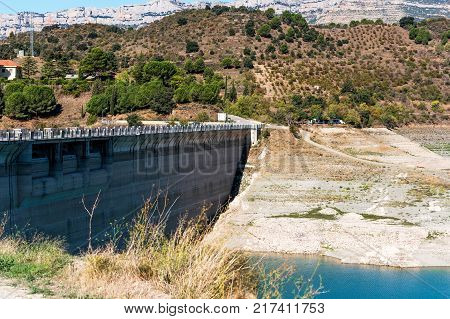 Reservoir Pantano De Siurana, Tarragona, Spain. Copy Space For Text.
