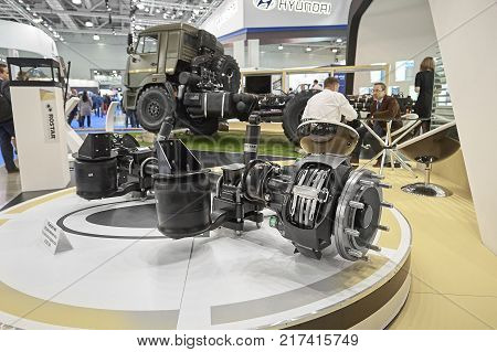 MOSCOW, SEP, 5, 2017: View on Rostar pivoted drive axle with pneumatic suspension for truck chassis Truck transmission drive axle cross section New clean truck parts details for maintenance repair MOT