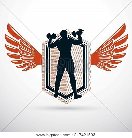 Vector illustration of athletic sportsman holding dumbbell. Cross fit and fitness workout.